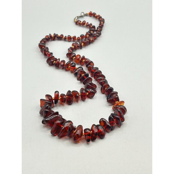 Graduated Amber Necklace Cherry Red Amber Nuggets Hand Knotted Beaded Jewelry - Picture 2 of 9